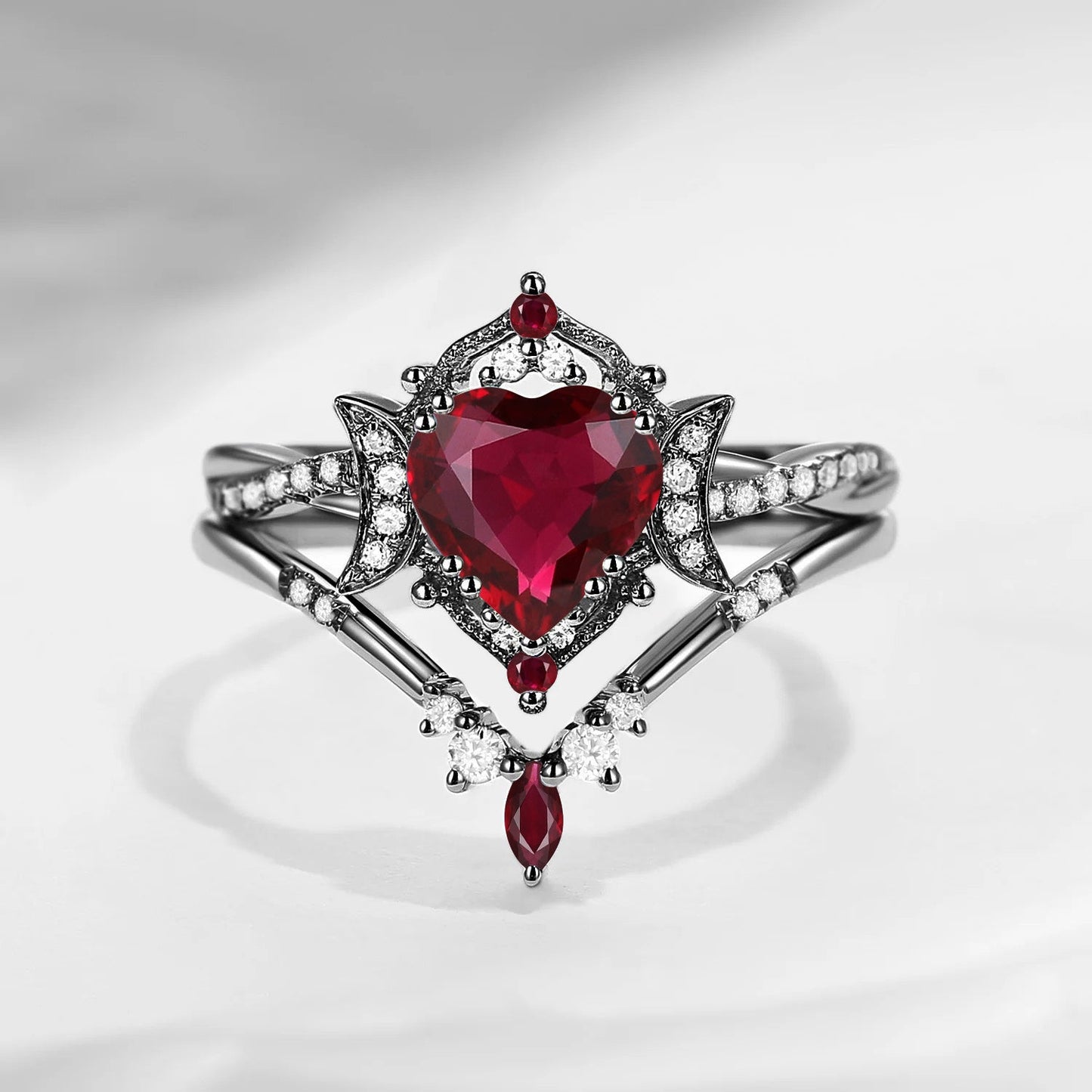 Crescent Moon | Heart Shaped Natural Ruby Infinity Engagement Ring Set 2pcs - Alexandria