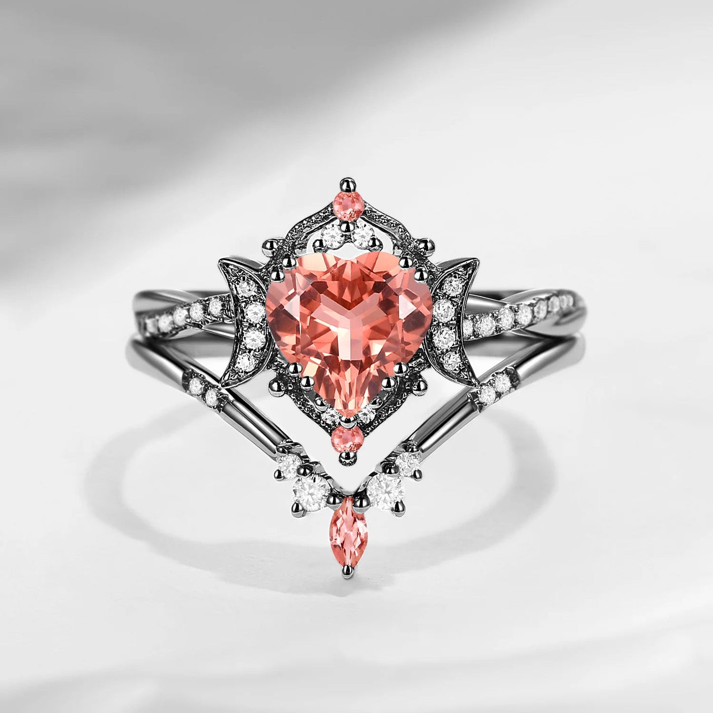 Crescent Moon | Heart Shaped Natural Orange Pink Tourmaline Engagement Ring Set 2pcs - Alexandria