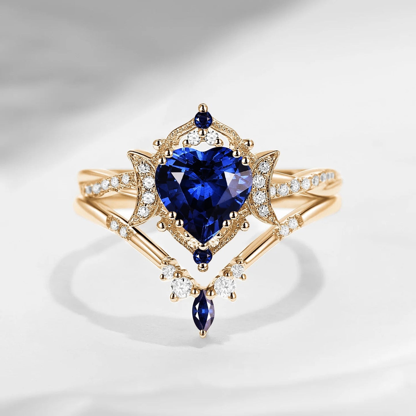 Crescent Moon | Heart Shaped Natural Sapphire Infinity Engagement Ring Set 2pcs - Alexandria