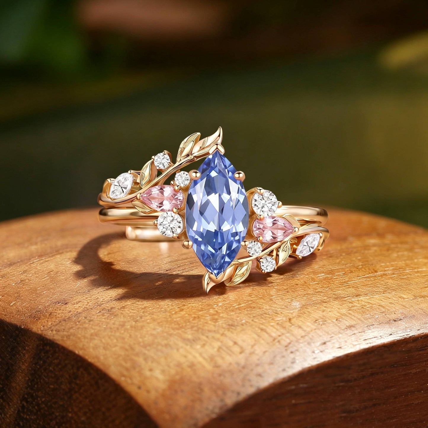 Marquise Cut Cornflower Sapphire Vine Leaf Bridal Set 2PCS - Abrielle
