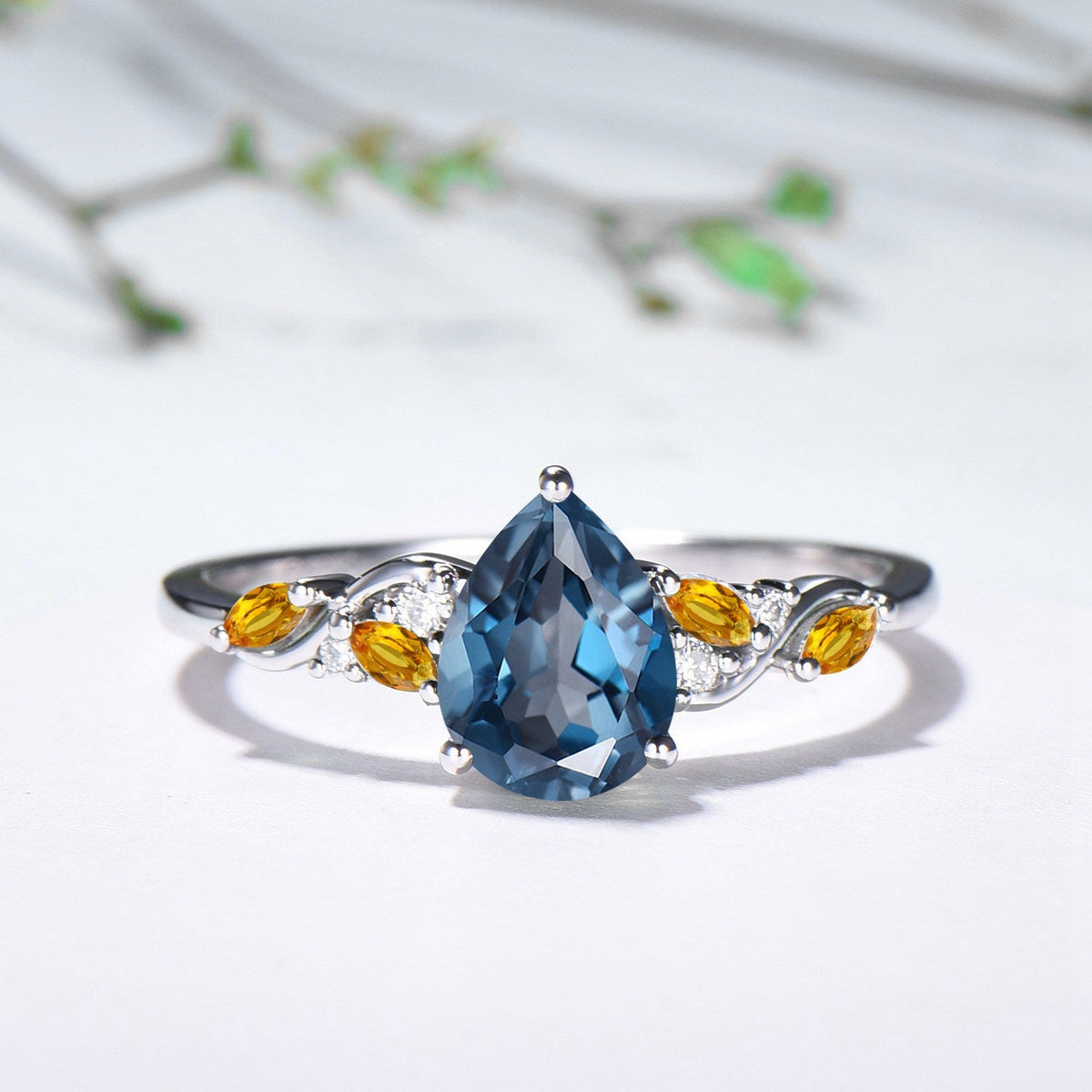 Pear Shaped London Blue Topaz & Citrine Engagement Ring, Opal Kite Accent, 14K Gold Colorful Galaxy Ring, Unique Gift Her