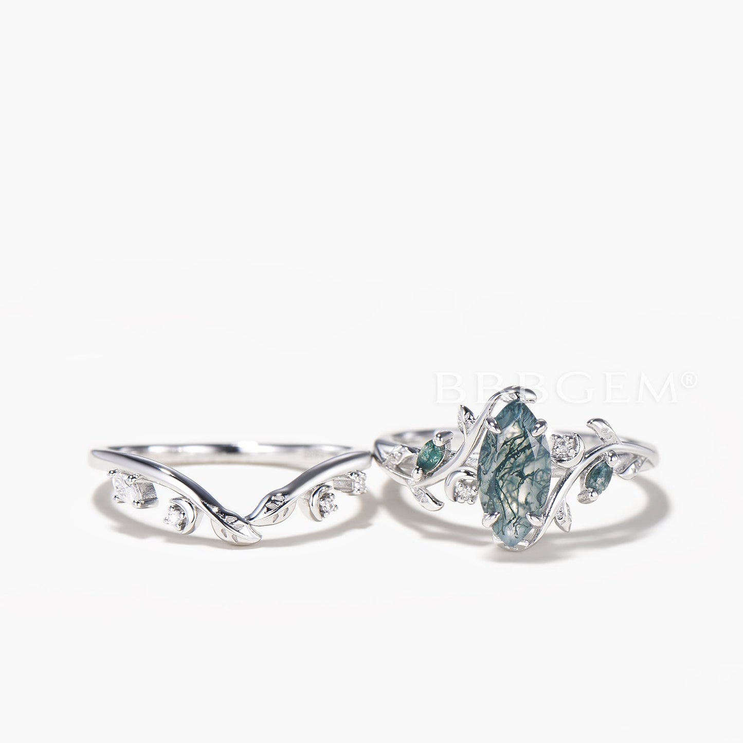 Marquise Cut Natural Moss Agate Leaf Inspired Ring Set Diamond Leaf Band