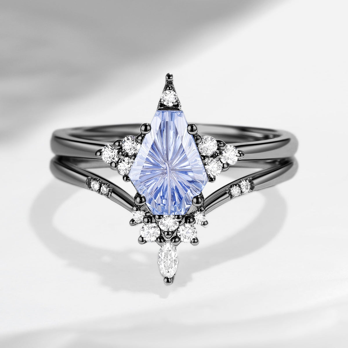 'Coffin Kite' - Fantasy Carved Coffin Lab Cornflower Sapphire Cluster Star Engagement Ring Set