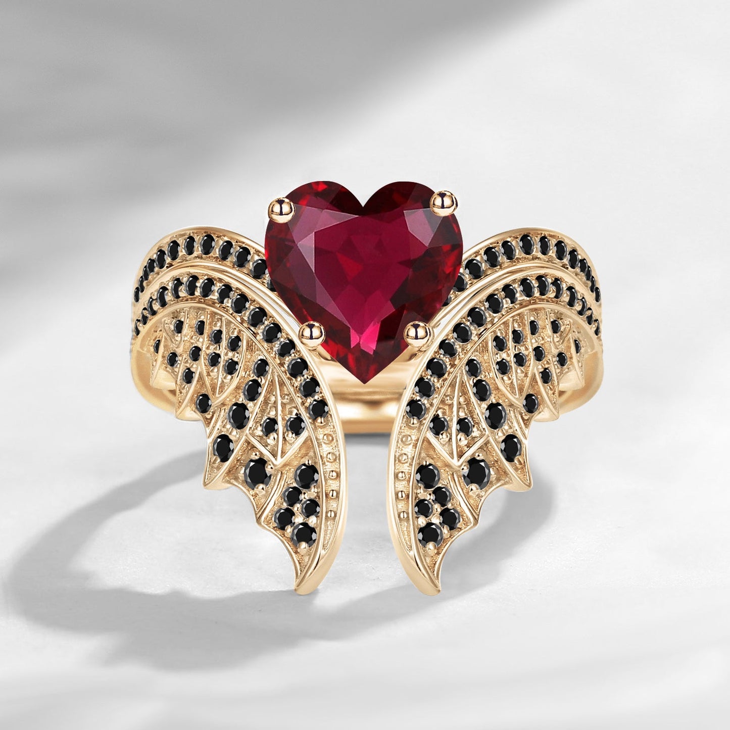 Gothic Vintage Heart Shaped Natural Ruby Black Inspired Bridal Set 2pcs - Bat Ring