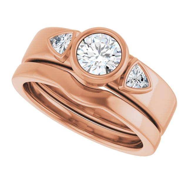 Trudy- Three Stone Bezel set Round Moissanite Engagement Ring with Trillion Side Accents