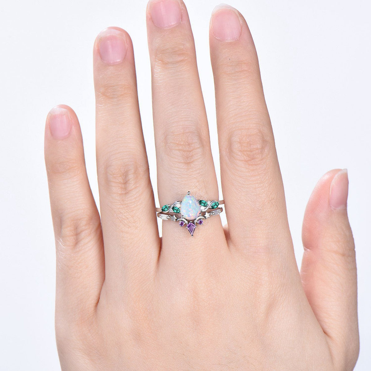 Opal and Emerald Wedding Ring Set, Pear Shaped Opal Ring, 14K White Gold Boho Engagement Ring, Unique Gift