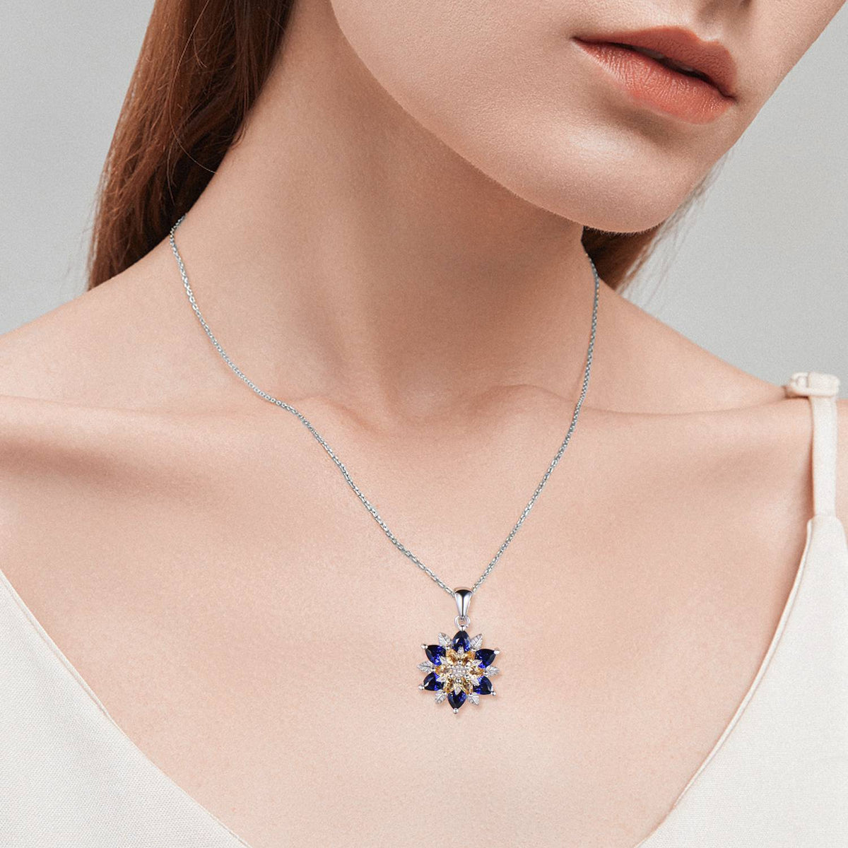 Unique Sunflower Citrine Necklace Elegant Natural Inspired Blue Sapphire Necklace Double Halo Floral Pendant Leaf Vine Anniversary Gift