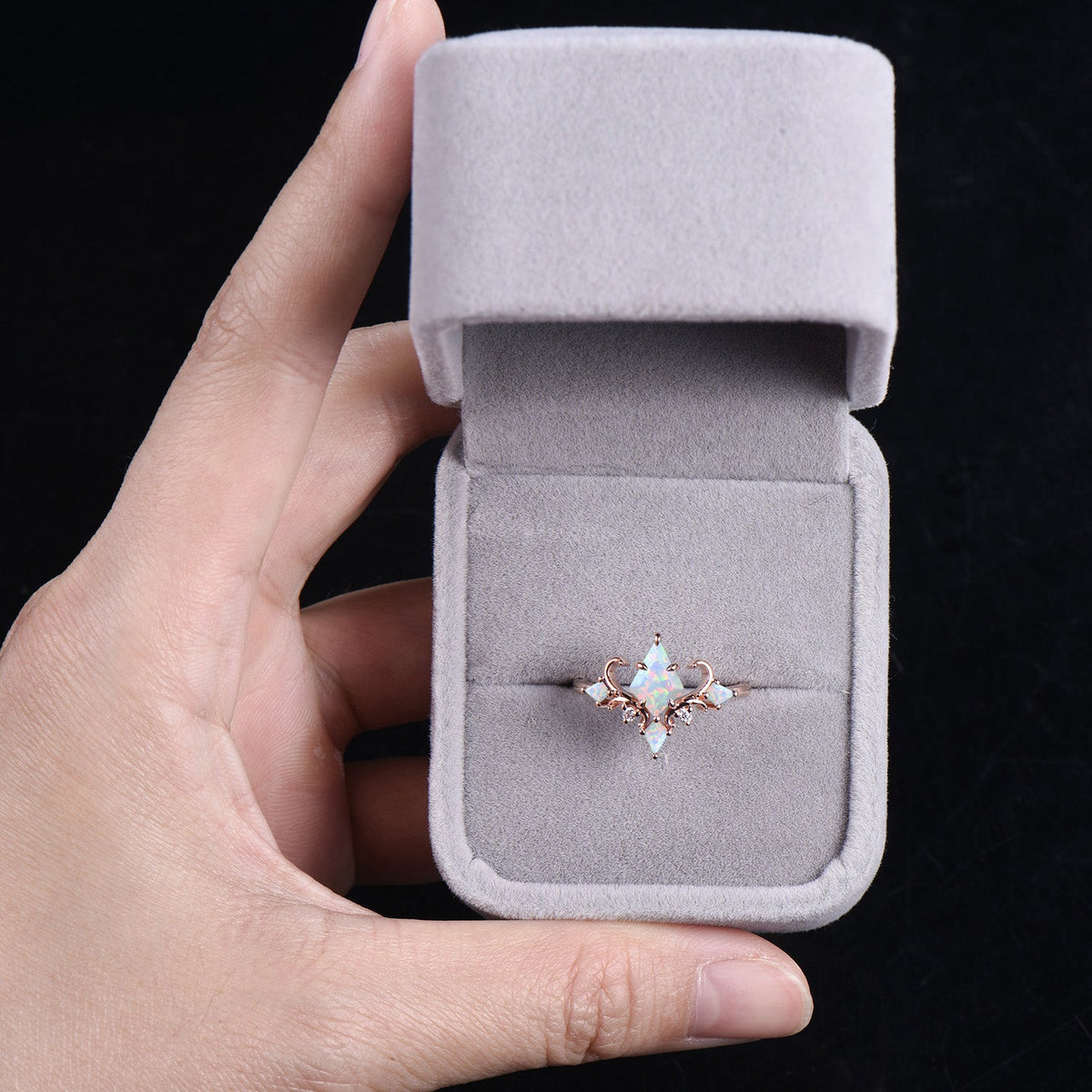 Unique Kite Cut Opal Engagement Ring Rose Gold Magic Infinity Fly