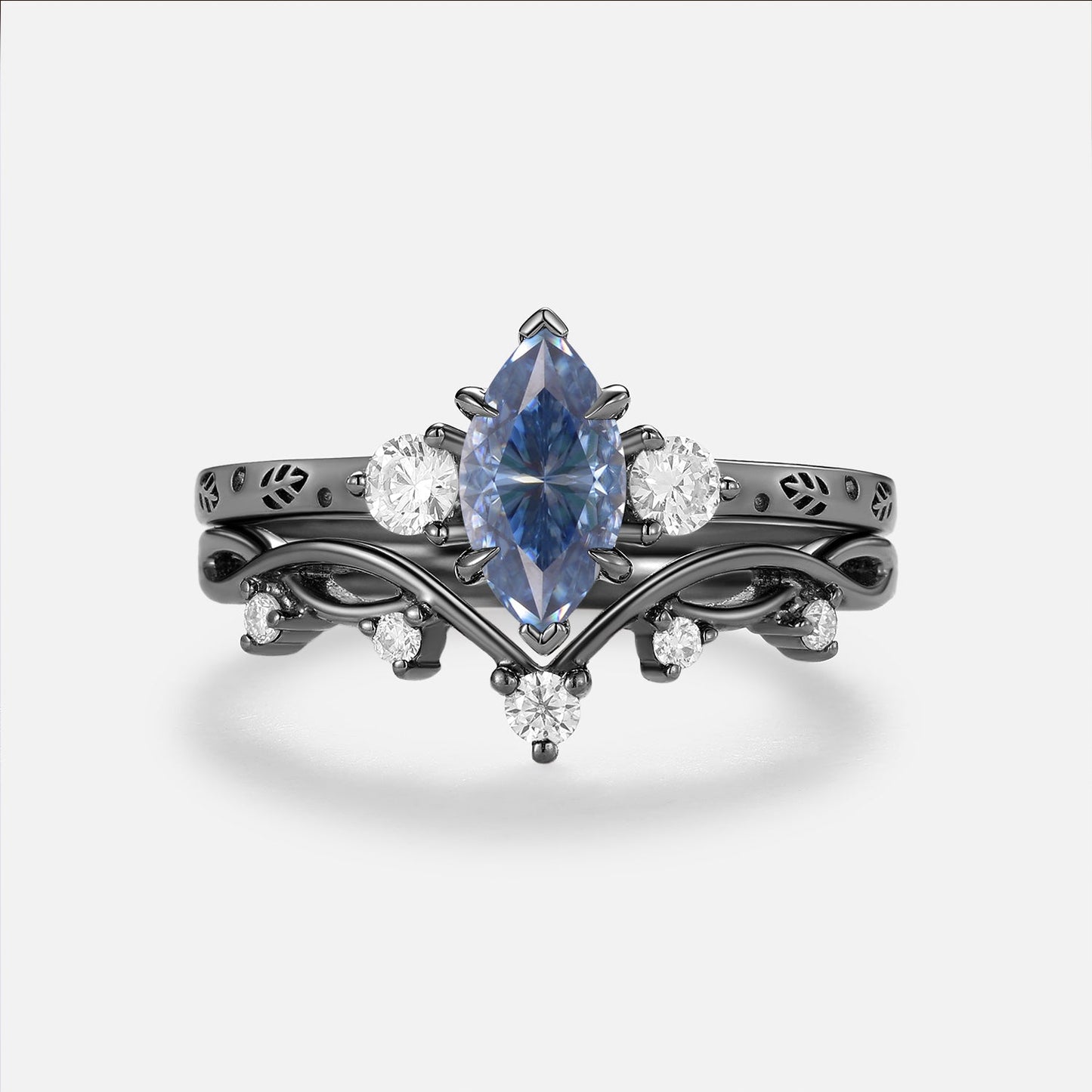 Luminous Reverie - Marquise Blue Moissanite Leaf Engraved Engagement Ring Sets 2pcs - Rune