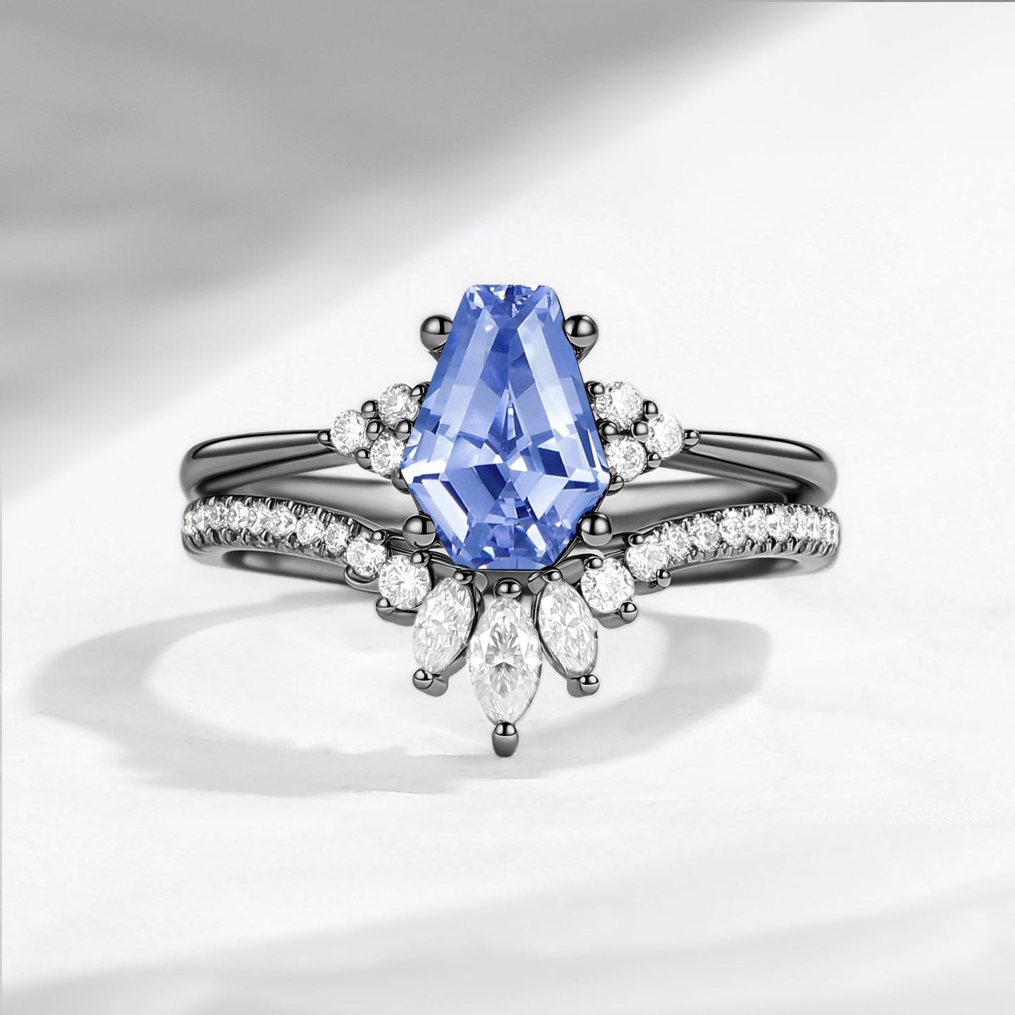 Classic Coffin Cut Lab Cornflower Sapphire Engagement Set 2pcs - White Dress
