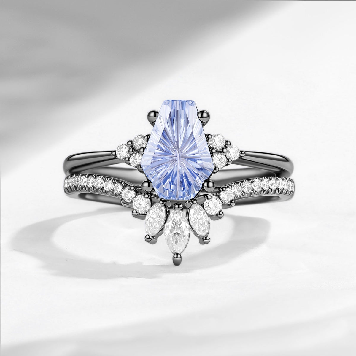'White Dress' - Fantasy Carved Coffin Lab Cornflower Sapphire Engagement ring Set