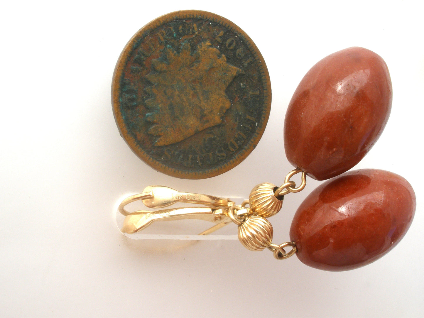 14K Gold Red Jasper Pierced Earrings Dangle