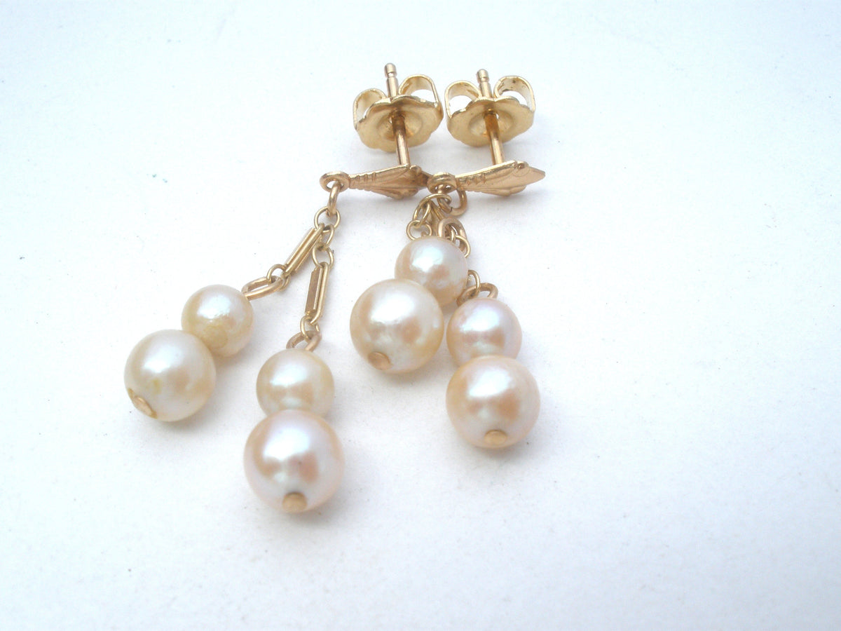 14K Yellow Gold Dangle Pearl Earrings