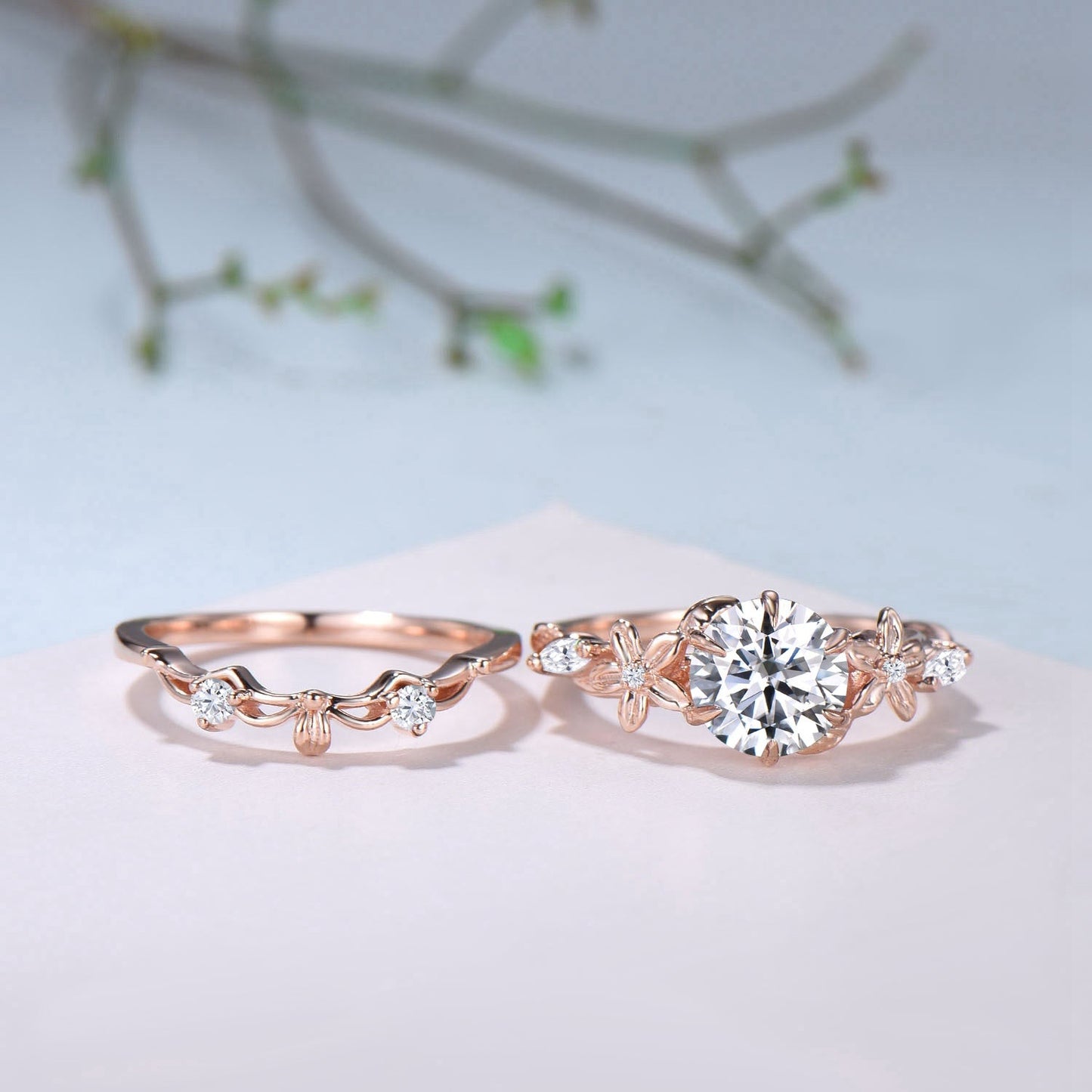 Unique 1 Carat Round Brilliant Lab Grown Diamond Ring Flower Moissanite Engagement Ring Rose Gold Bridal Nature Inspired Wedding Bridal Set