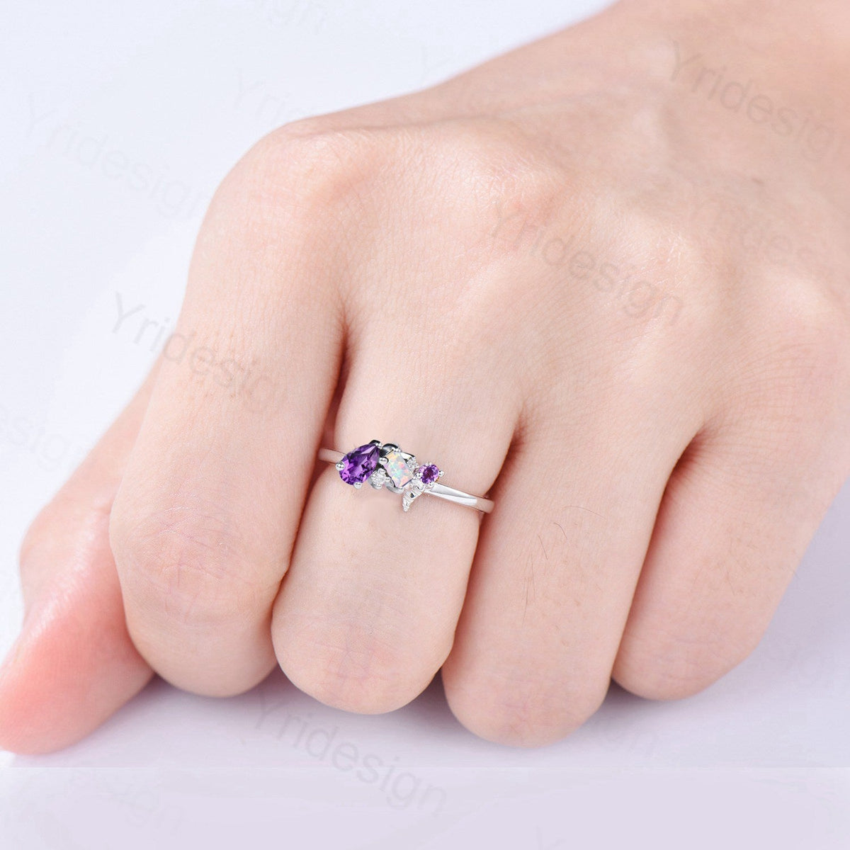 Royal 3-Stone Opal Amethyst Cluster Ring