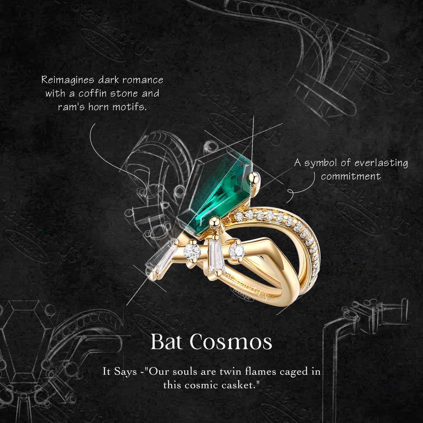 Vintage Inspired Coffin Cut Herkimer Diamond Curved Engagement Ring Bridal Set 2pcs - Bat Cosmos
