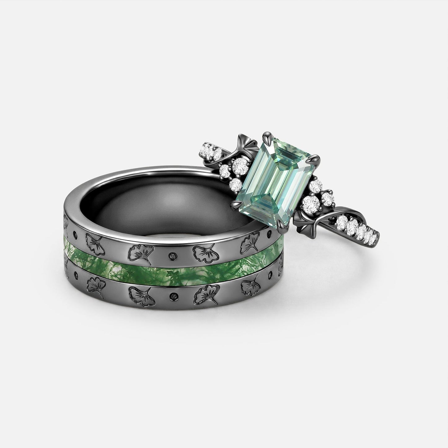 Luminous Reverie - Emerald Cut Green Moissanite Leaf Engraved Couple Ring Sets 2pcs - Novalie
