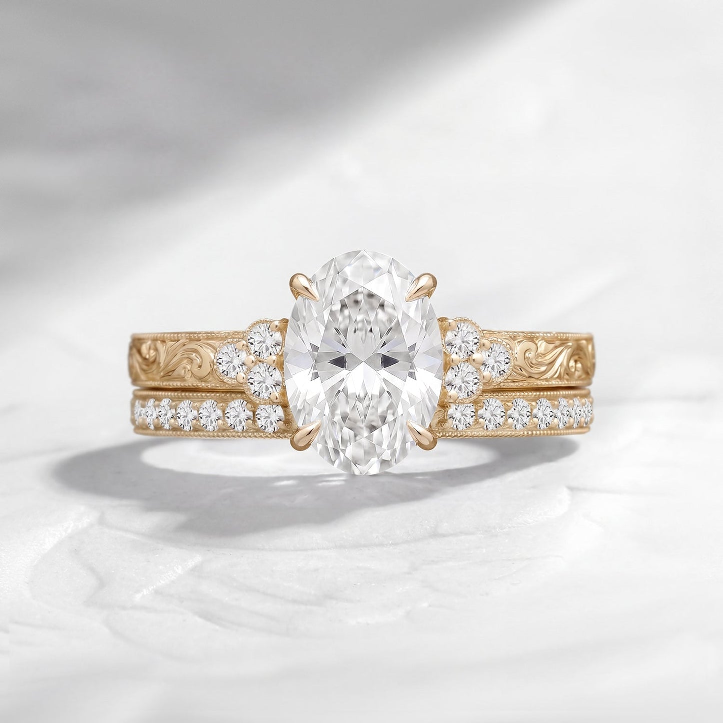 Vintage Art Deco Oval Cut Moissanite & Lab Diamond Cluster Engagement Ring Set 2pcs