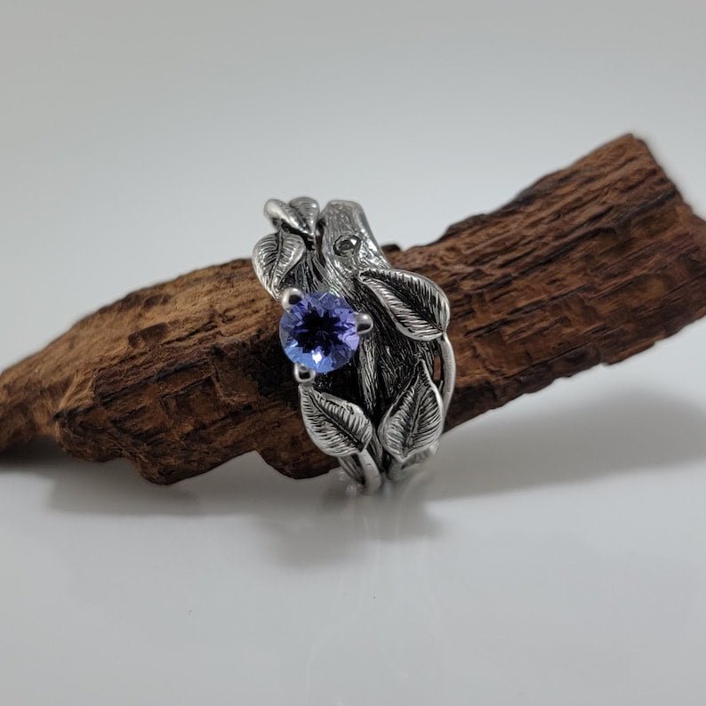 Tanzanite Leaf Style Engagement Ring, Antique Finish