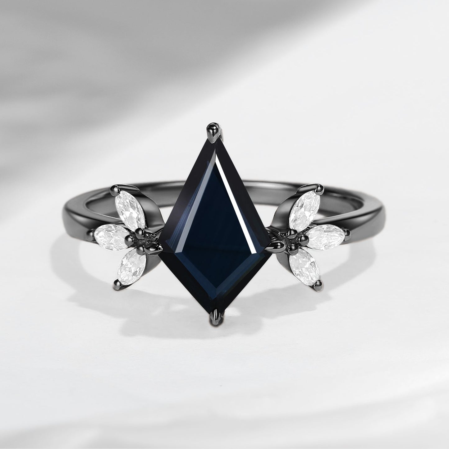 Unique Kite Shaped Natural Black Sapphire Butterfly Engagement Ring