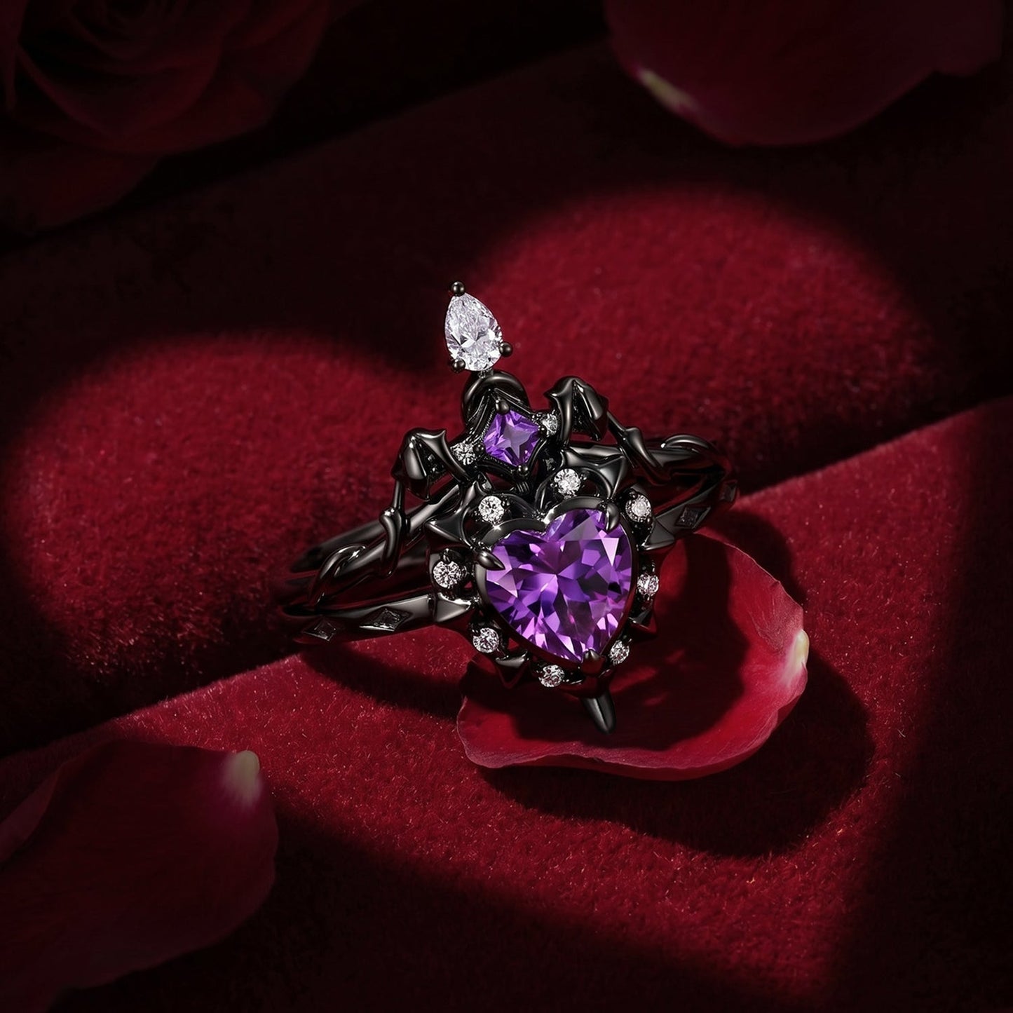 'Cupid's Arrow' - Gothic Heart Cut Amethyst Heart Sword Ring Alternative Bridal Set