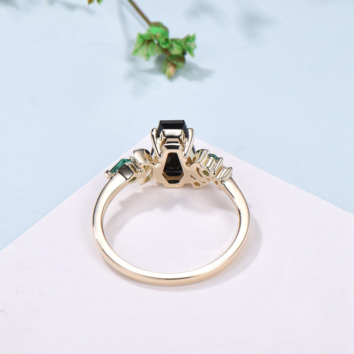 Unique Coffin cut black onyx engagement ring Art deco gothic design emerald wedding ring moon cluster ring bridal anniversary promise ring