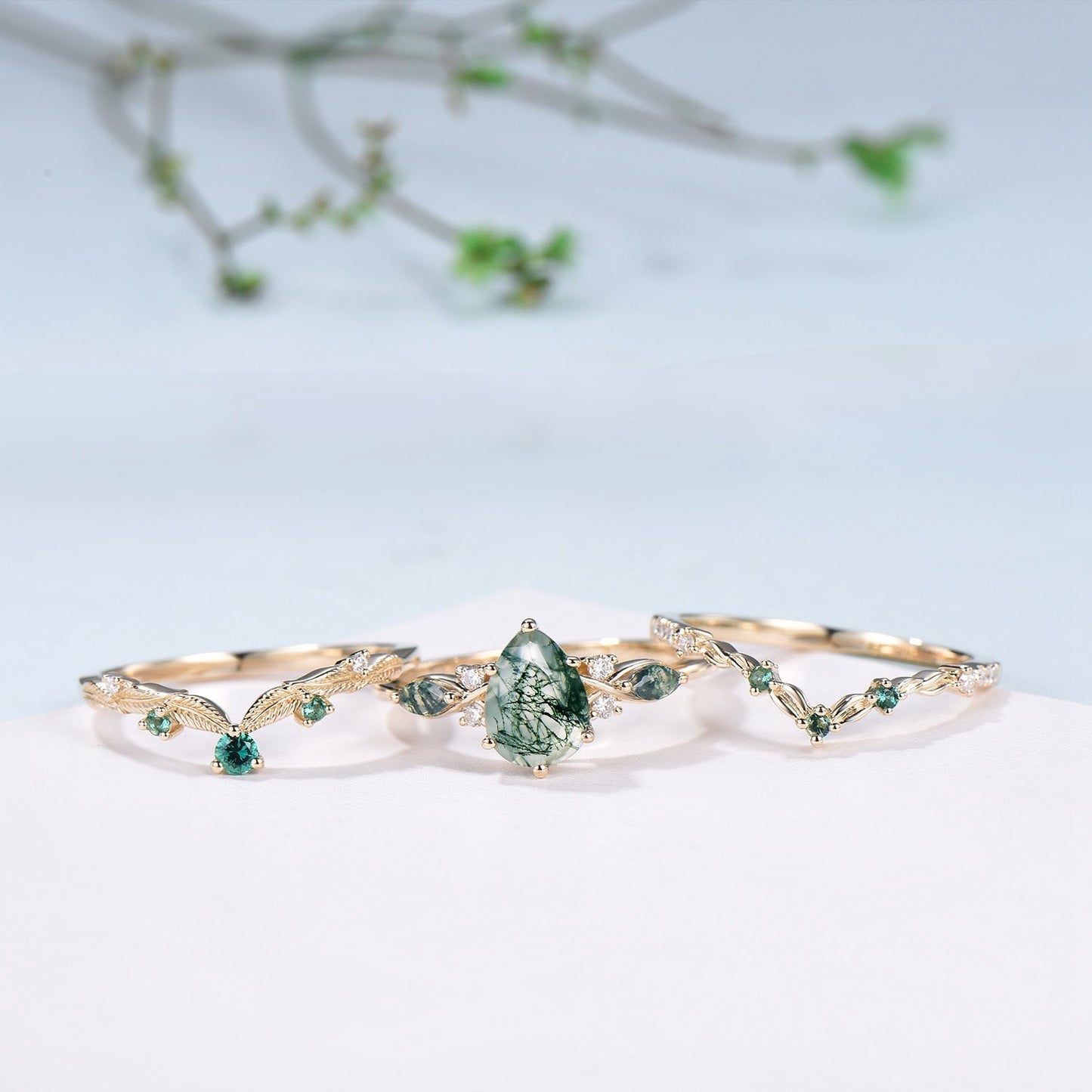 3pcs 10K Yellow Gold Moss Agate Ring Set Pear Shaped Natural Green Agate Leaf Vine Engagement Ring Set