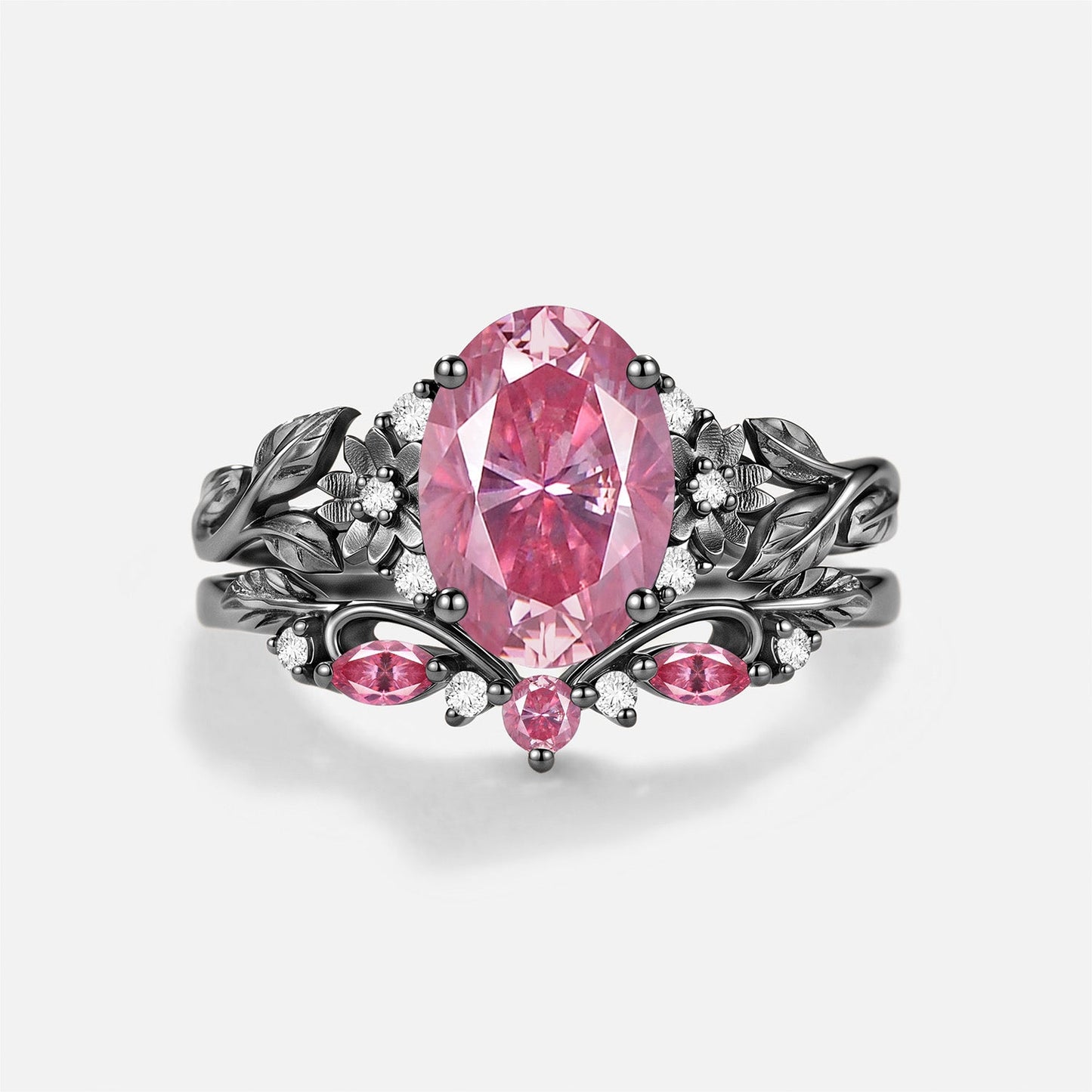 Luminous Reverie - Oval Cut Pink Moissanite Flower Unique Engagement Ring Sets 2pcs - Amaryllis