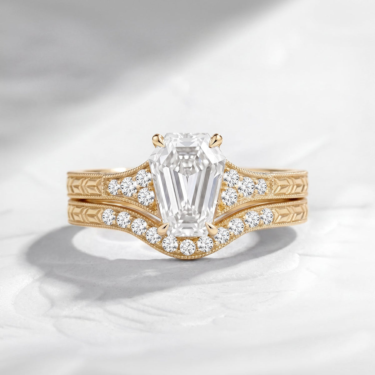 Vintage Art Deco Coffin Moissanite & Lab Diamond Milgrain Engagement Ring Set 2pcs