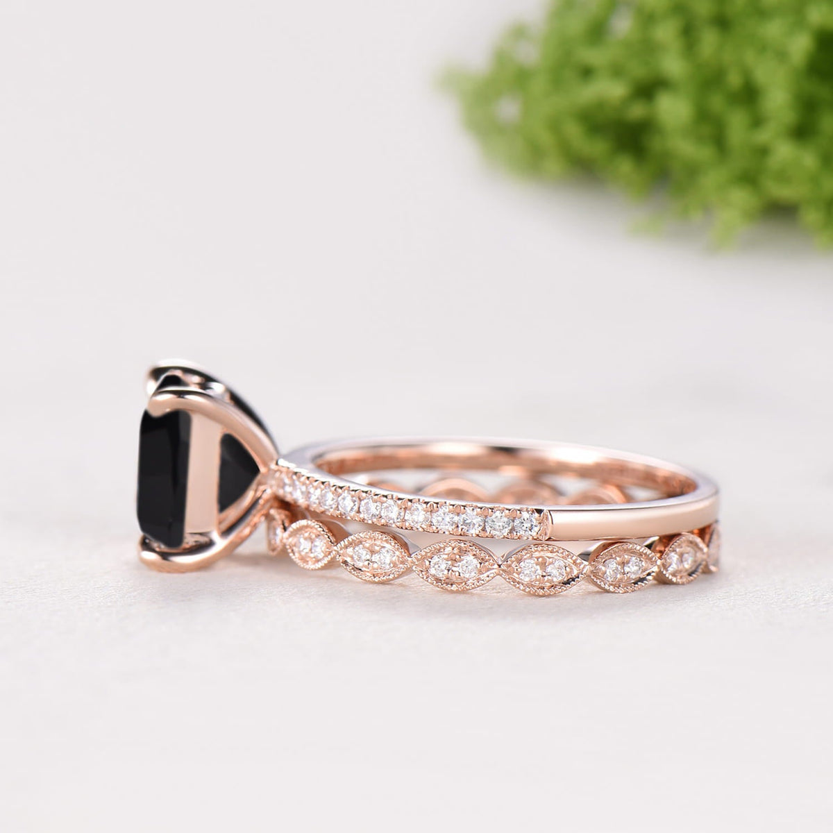 Vintage Princess Cut Natural Black Onyx Engagement Ring Set, Retro 14K Rose Gold Onyx Wedding Set, Art Deco Marquise Diamond Stacking Ring