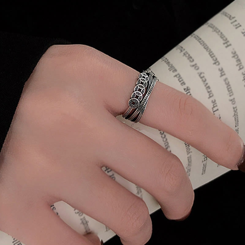 Fortune Jewel 925 Sterling Silver Copper Coins Wealth Blessing Adjustable Ring