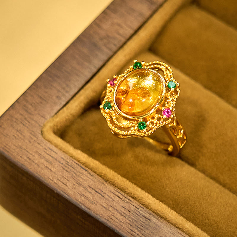 Fortune Jewel Flower Amber Hollow Lace Confidence Adjustable Ring