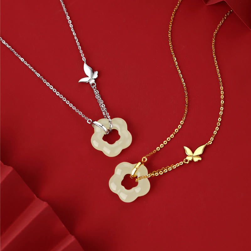 Fortune Jewel 925 Sterling Silver Butterfly Hetian Jade Flower Blessing Necklace Pendant