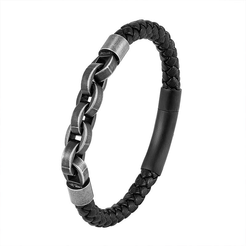 Fortune Jewel Chain Design Titanium Steel Balance Leather Braided Buckle Bracelet