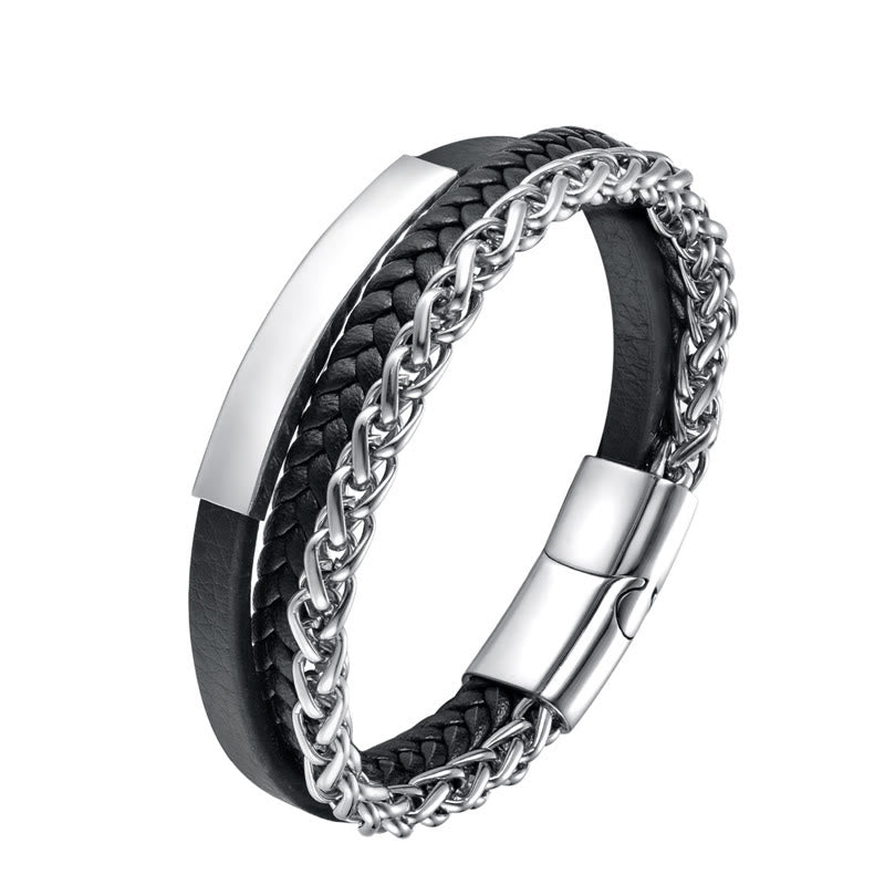 Fortune Jewel Multi-layered Titanium Steel Calm Leather Buckle Bracelet