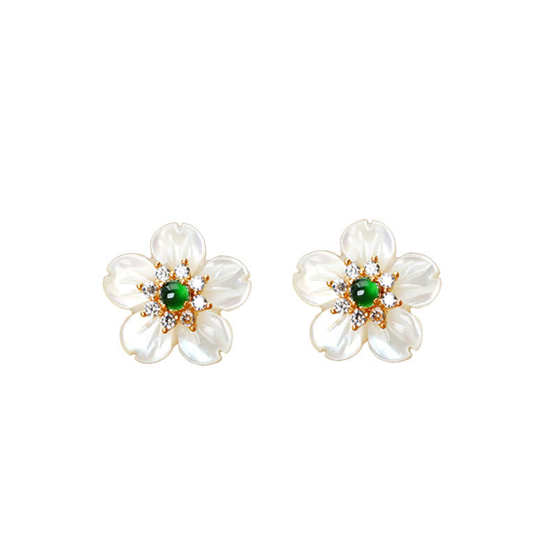 Fortune Jewel 925 Sterling Silver Tridacna Stone Jade Flower Blessing Earrings
