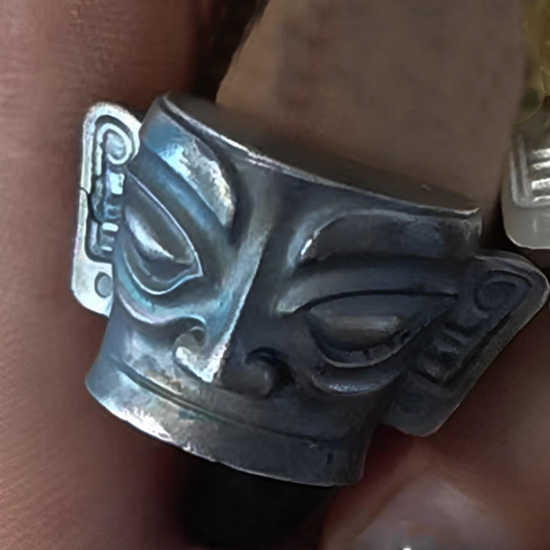 Fortune Jewel 999 Sterling Silver Hand Casting Sanxingdui Mask Protection Ring