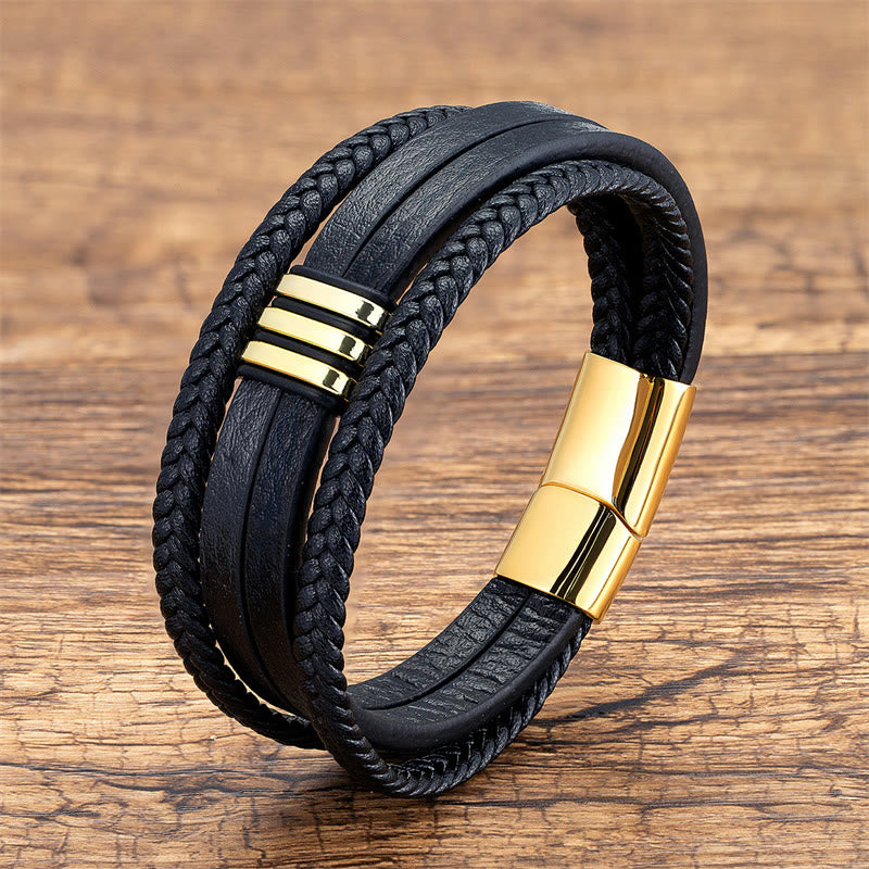 Fortune Jewel Handmade Braided Leather Calm Titanium Steel Buckle Bracelet
