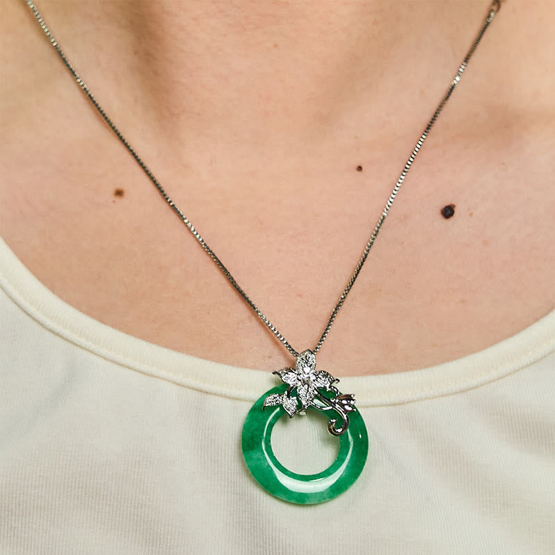 Fortune Jewel Cyan Jade Peace Buckle Alloy Flower Healing Luck Necklace Pendant