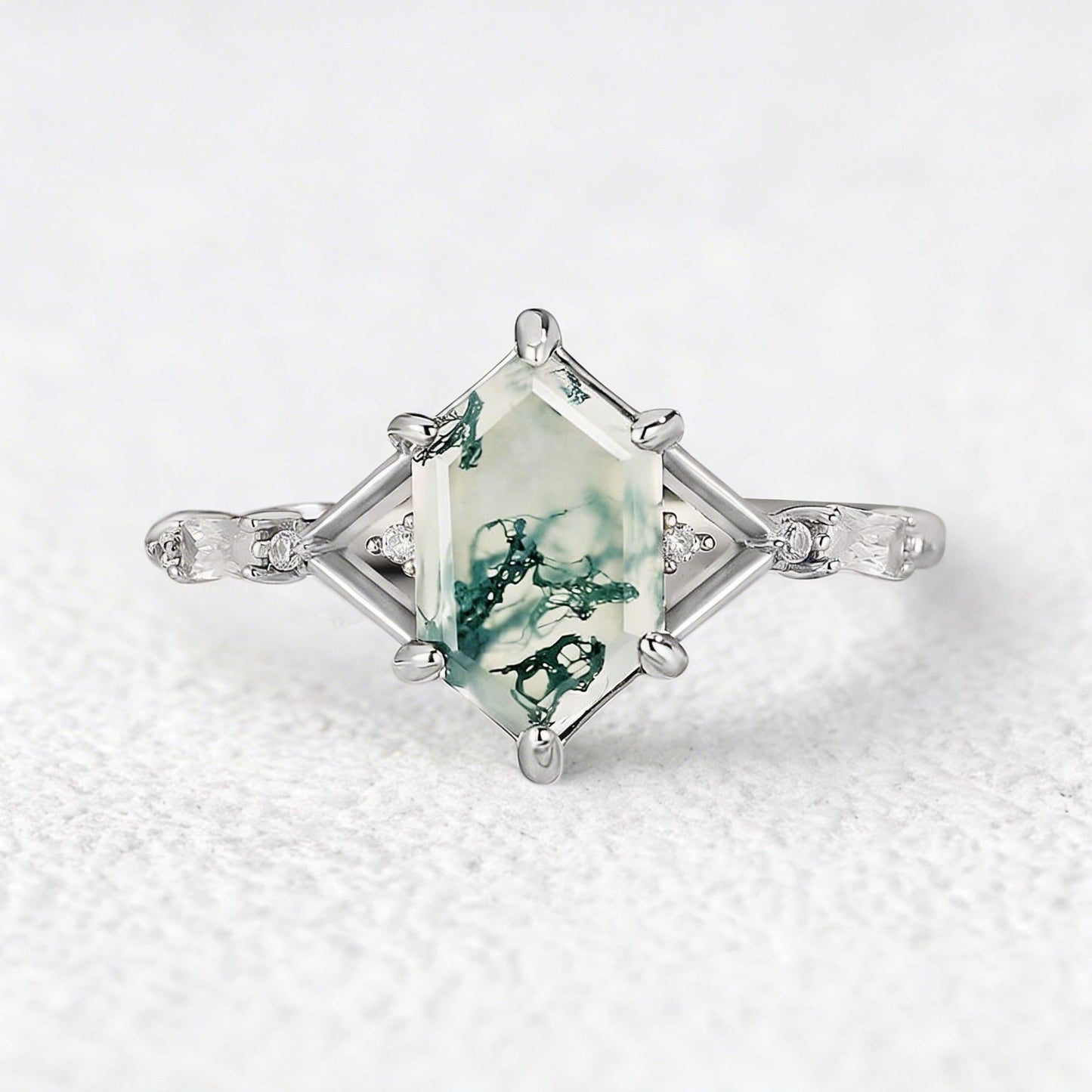 Isadora’s Imprint | Hexagon Cut Moss Agate Engagement Ring