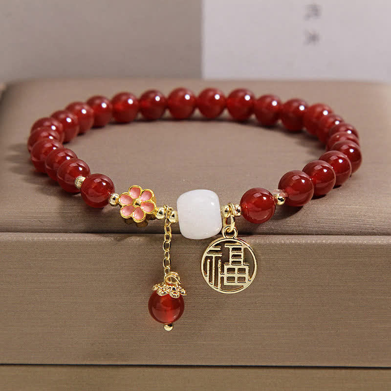 Buddha Stones Red Agate Fu Character Flower Confidence Luck Bracelet