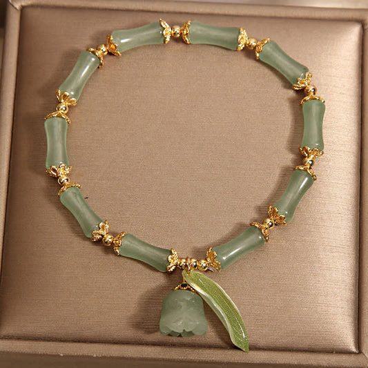 Buddha Stones Green Aventurine Bamboo Luck Growth Lily of the Valley Charm Bracelet