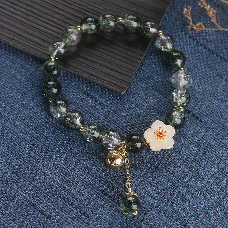 Buddha Stones Green Phantom White Jade Flower Charm Wealth Bracelet