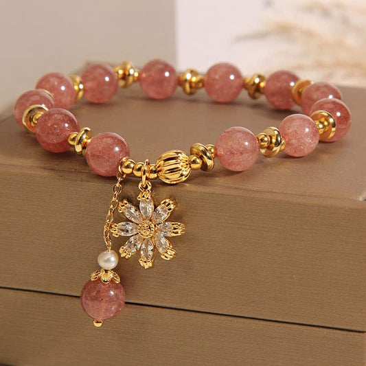 Buddha Stones Strawberry Quartz Pearl Daisy Love Bracelet