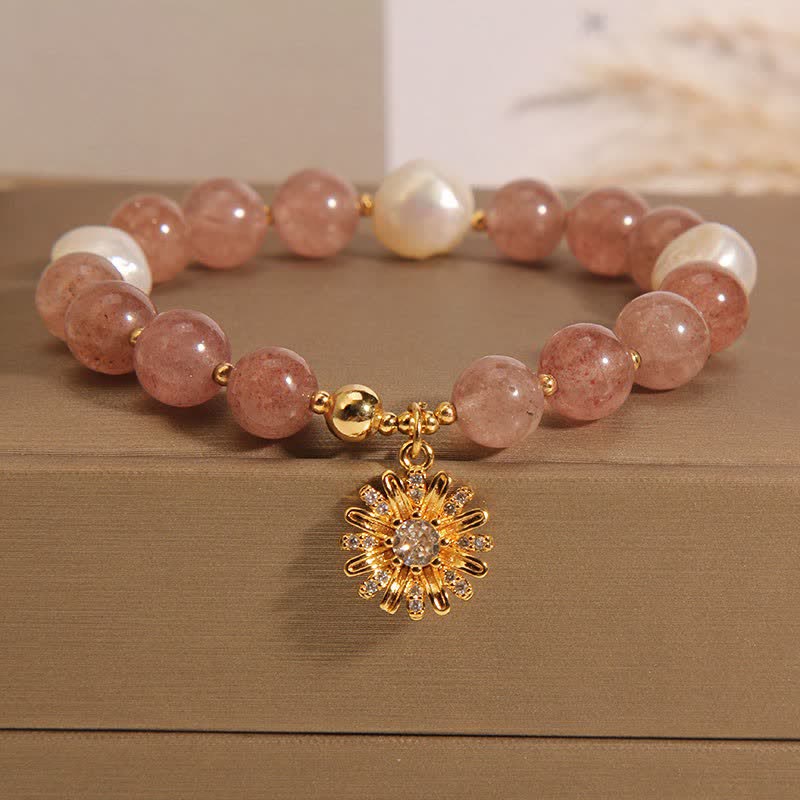 Buddha Stones Strawberry Quartz Pearl Daisy Love Bracelet