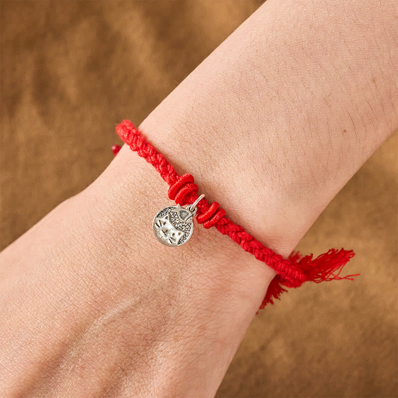 Buddha Stones 925 Sterling Silver Cute Cat Fish Protection Tibet Red String Adjustable Bracelet