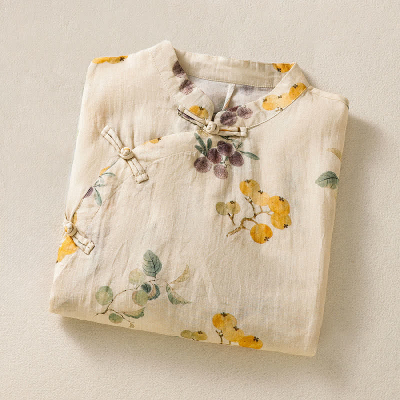 Buddha Stones Summer Tang Style Vintage Mandarin Collar Loquat Chinese Bayberry Floral Women's Short Sleeve Shirts