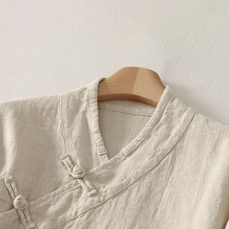 Buddha Stones Spring Summer Tang Style Minimalist V-Neck Frog Button Solid Women's Long Sleeve Shirts