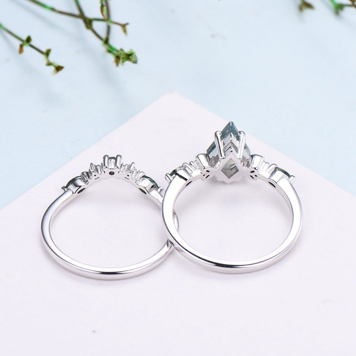 Vintage kite cut moss agate ring Five Stone crescent moon engagement ring art deco delicate bridal wedding set handmade anniversary gift