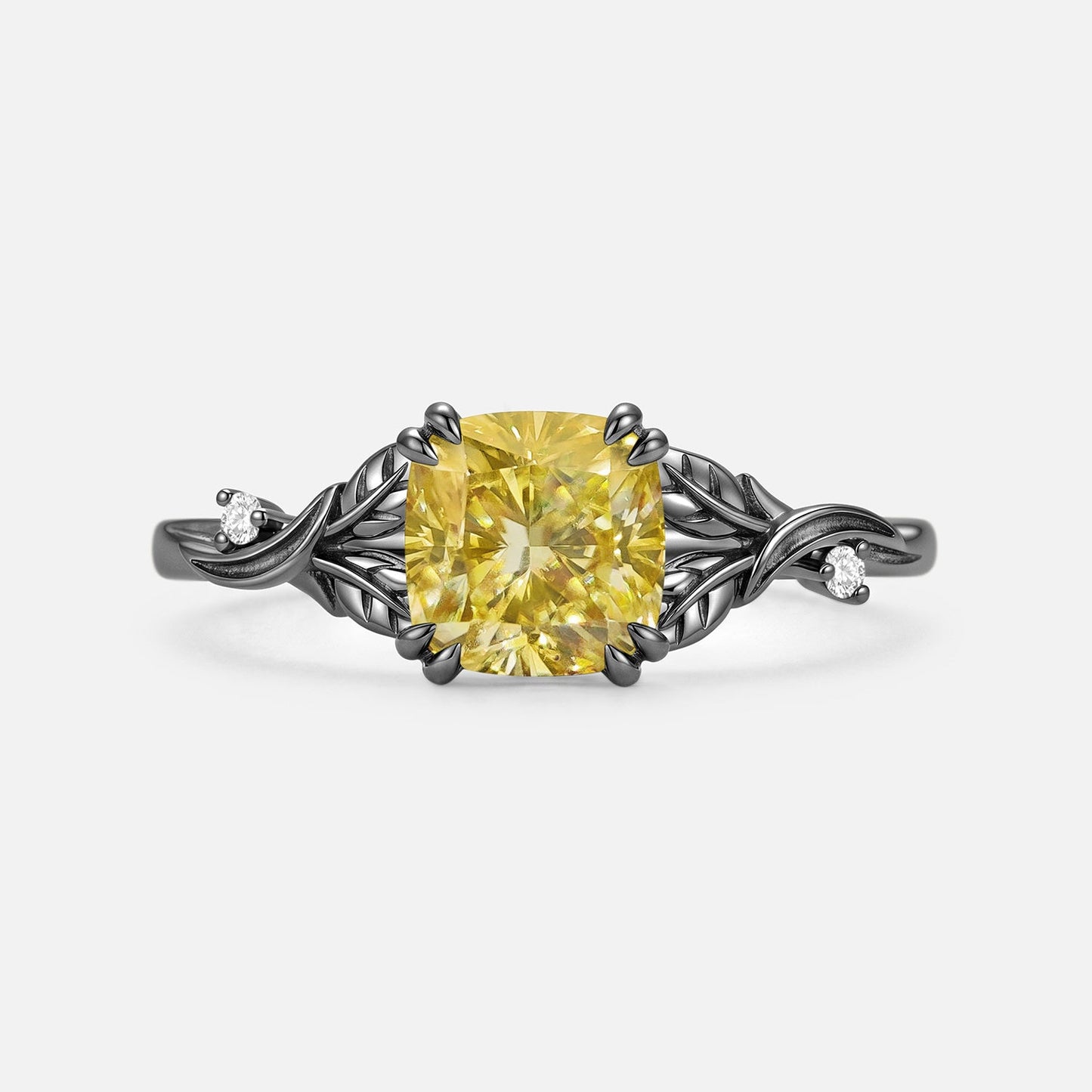 Luminous Reverie - Cushion Cut Yellow Moissanite Leaf Minimalist Engagement Ring - Lotus